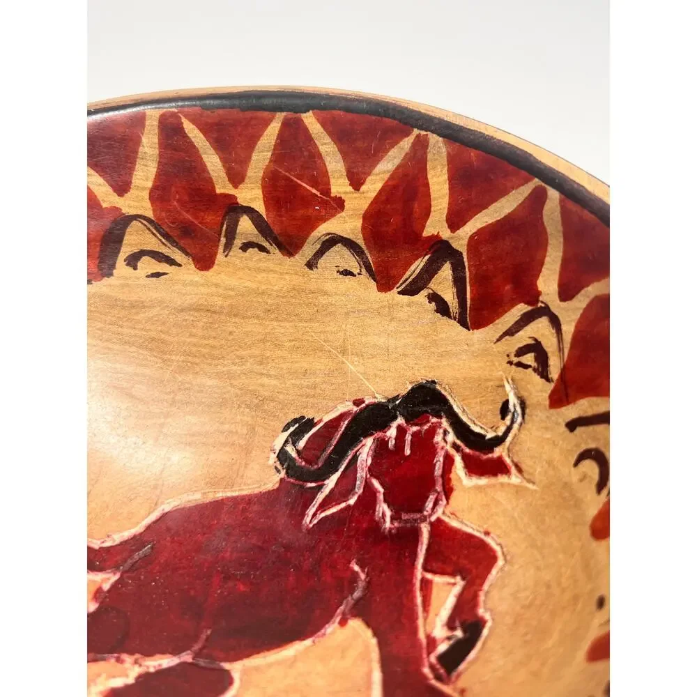 VTG Hand Carved Wooden Bowl‎ Charging Bull Folk Art Rustic Western Ranch Decor
